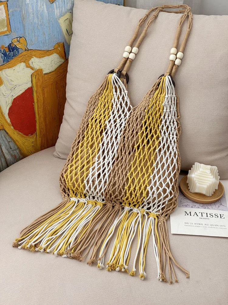 Lulusnow Handmade White Orange Tassels Beach Summer Bag Crochet Shoulder Bag  Minimalist Lifestyle