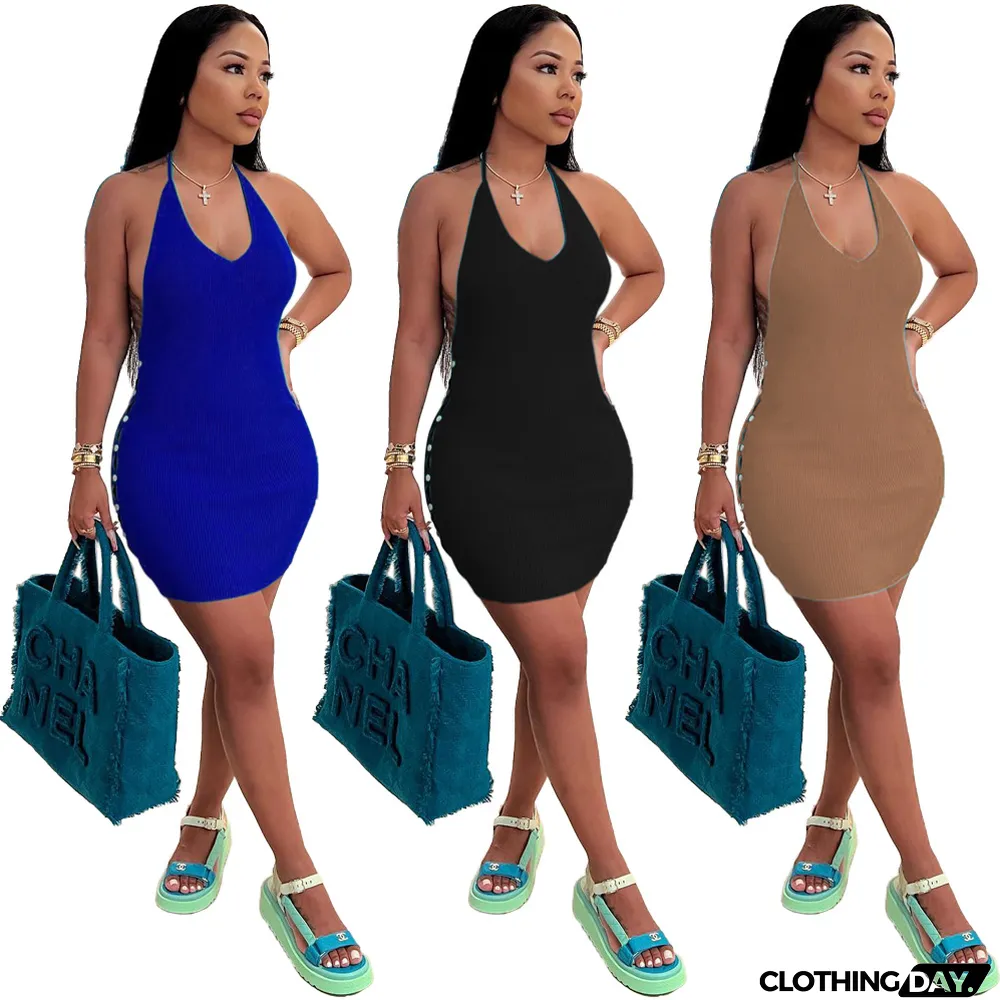 Halterneck Tie Open Back Side Button Dress