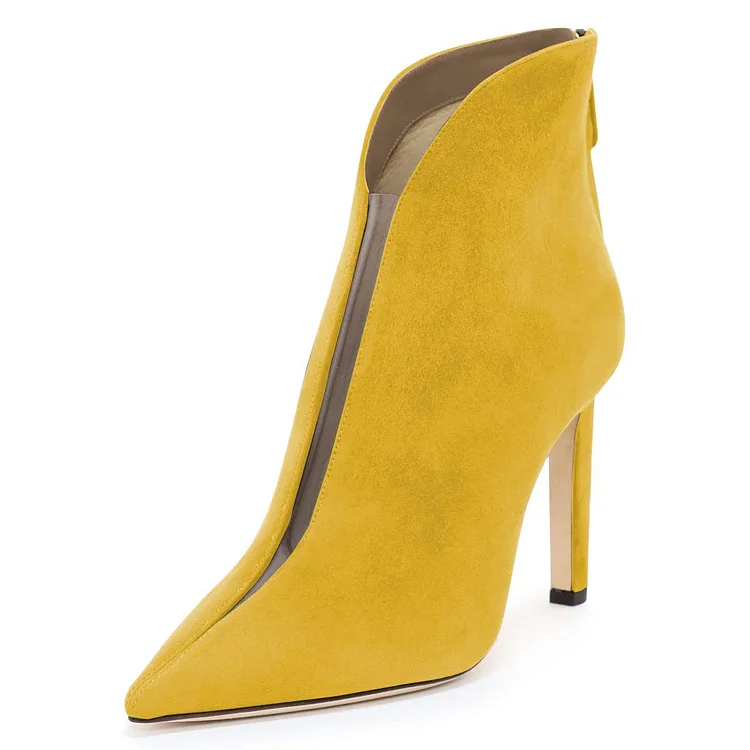 Yellow Vegan Suede Boots Cut Out Stiletto Heel Ankle Boots |FSJ Shoes