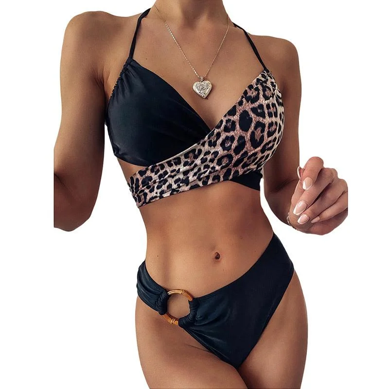 Meladen™ Neckholder-O-Ring-Dekor-Bikini-Set mit Gepard-Print