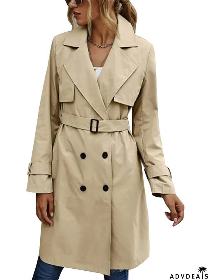 Women's Loose Casual Lapel Belted Double-Breasted Trench Coat