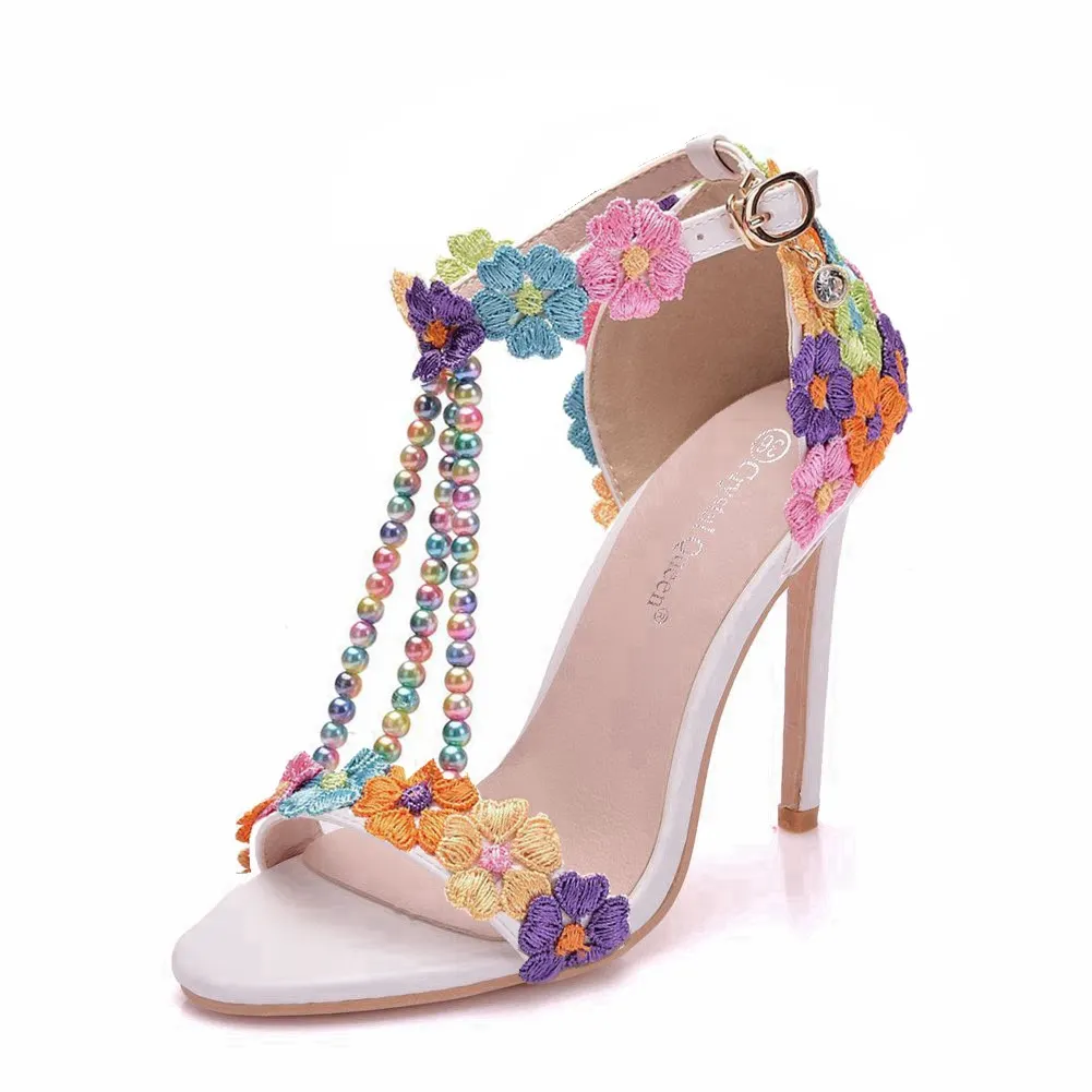 Breakj Breakj White Buckle Shoes Fine Heel Fish Mouth Roman Exposed Toe Sandals 11 Cm Beaded High-Heeled Sandals