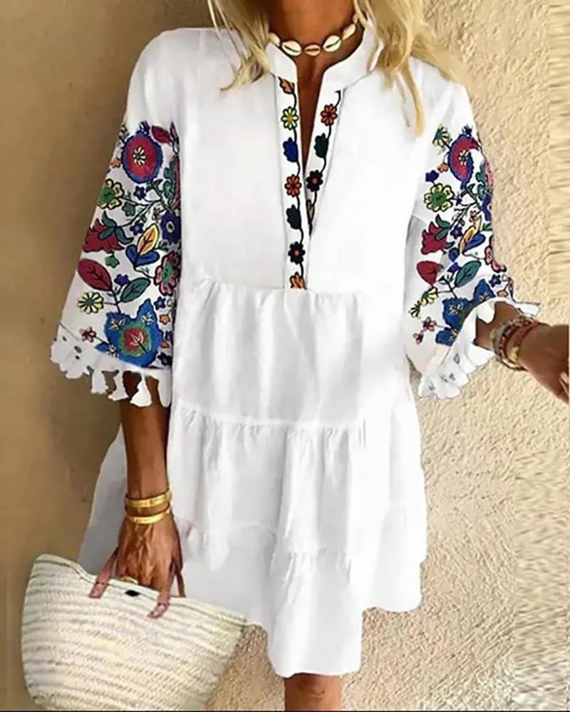 Floral Print Tassel Design Chic Casual Dress