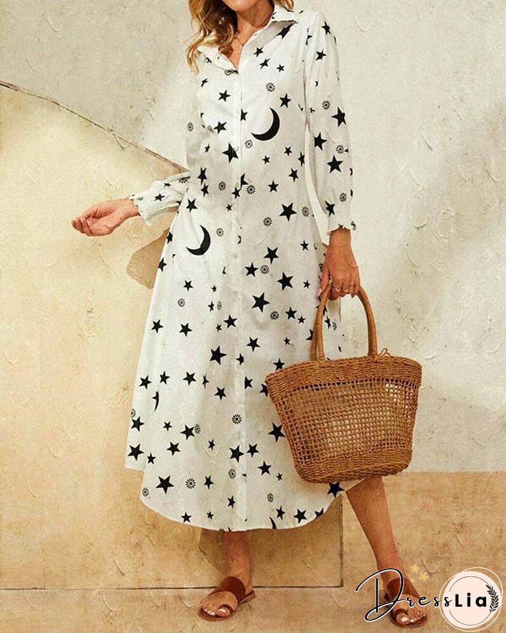 Leaves Print Lapel Button Long Sleeve Maxi Shirt Dress