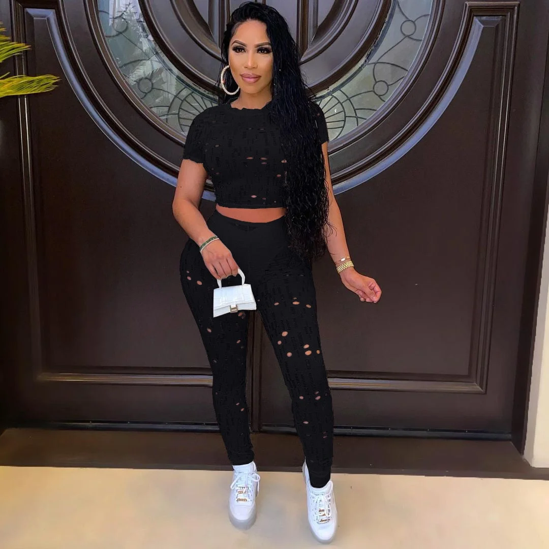 CM.YAYA Hole Active Women Set Long Sleeve T-shirt and Shorts Suit Sport Tracksuit Two Piece Set Fitness Outfit Black Tracksuit