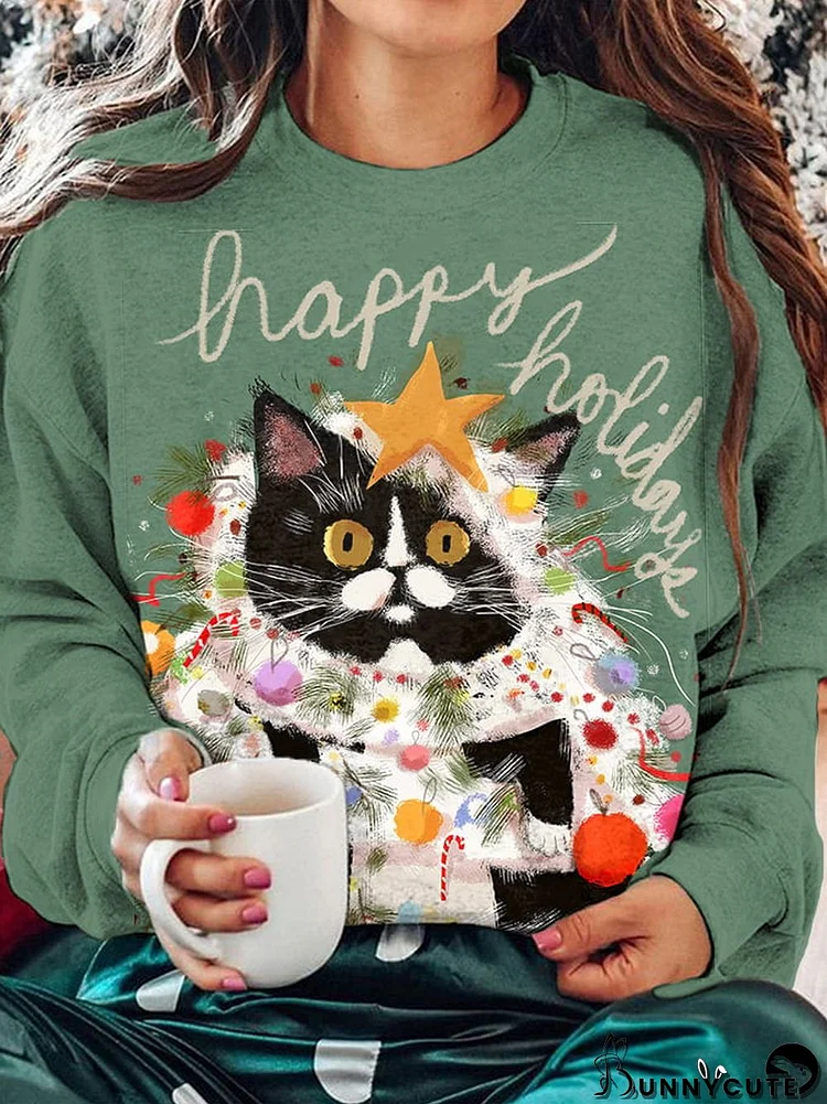 Women's Christmas Cute Shedding Cat Print Sweatshirt