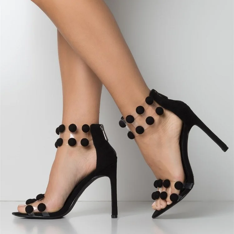 Black Vegan Suede and transparent Pom Pom Shoes Open Toe Stiletto Heel Sandals |FSJ Shoes