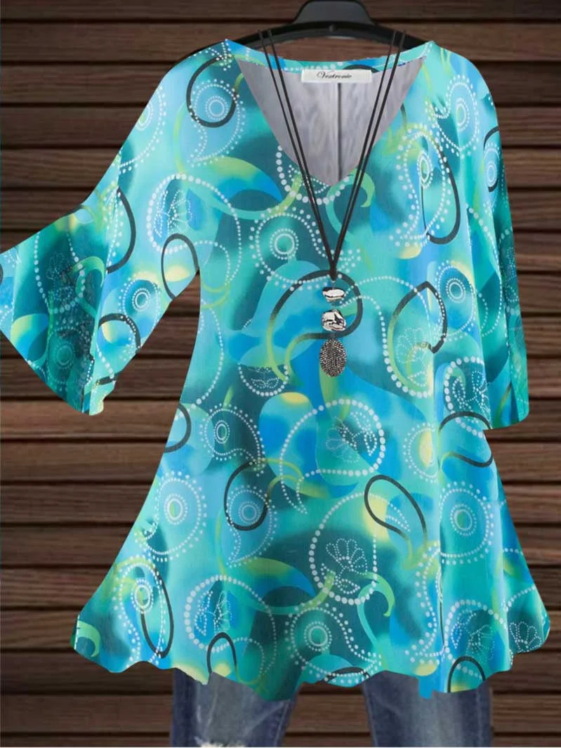Women 3/4 Sleeve V-neck Floral Printed Colorblock Top