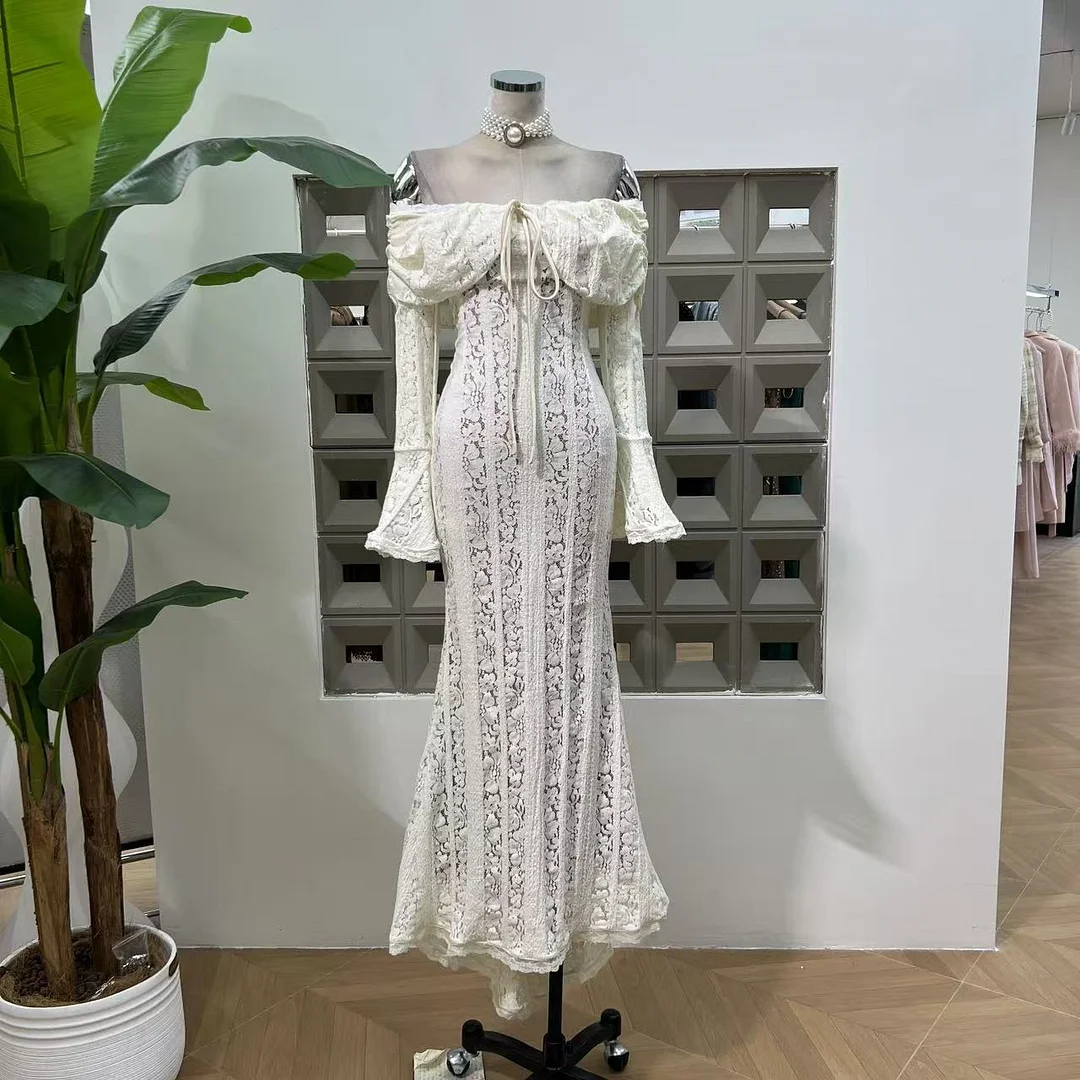 Brownm Spring Romantic Elegant Lace Shoulder Horn Long Sleeves Of Long Dress