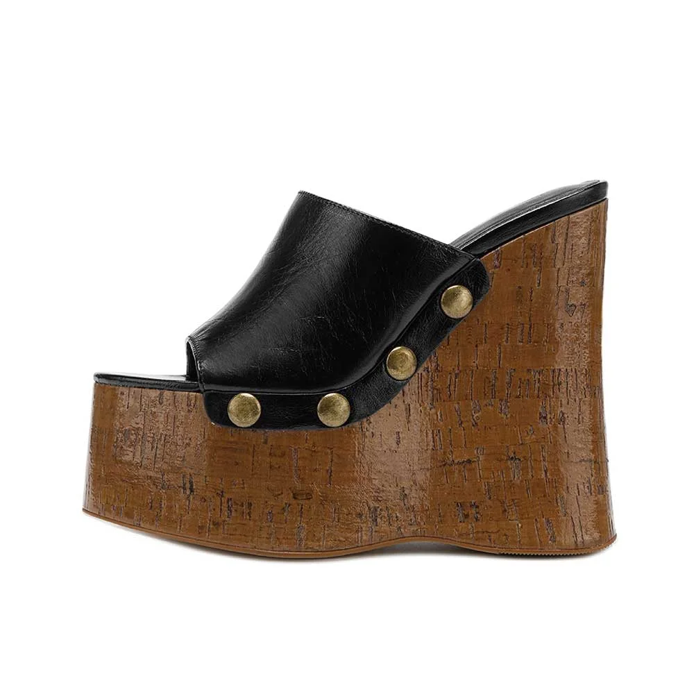 Women's Classic Black Open Toe Studded Platform Wedge Heeled Mules