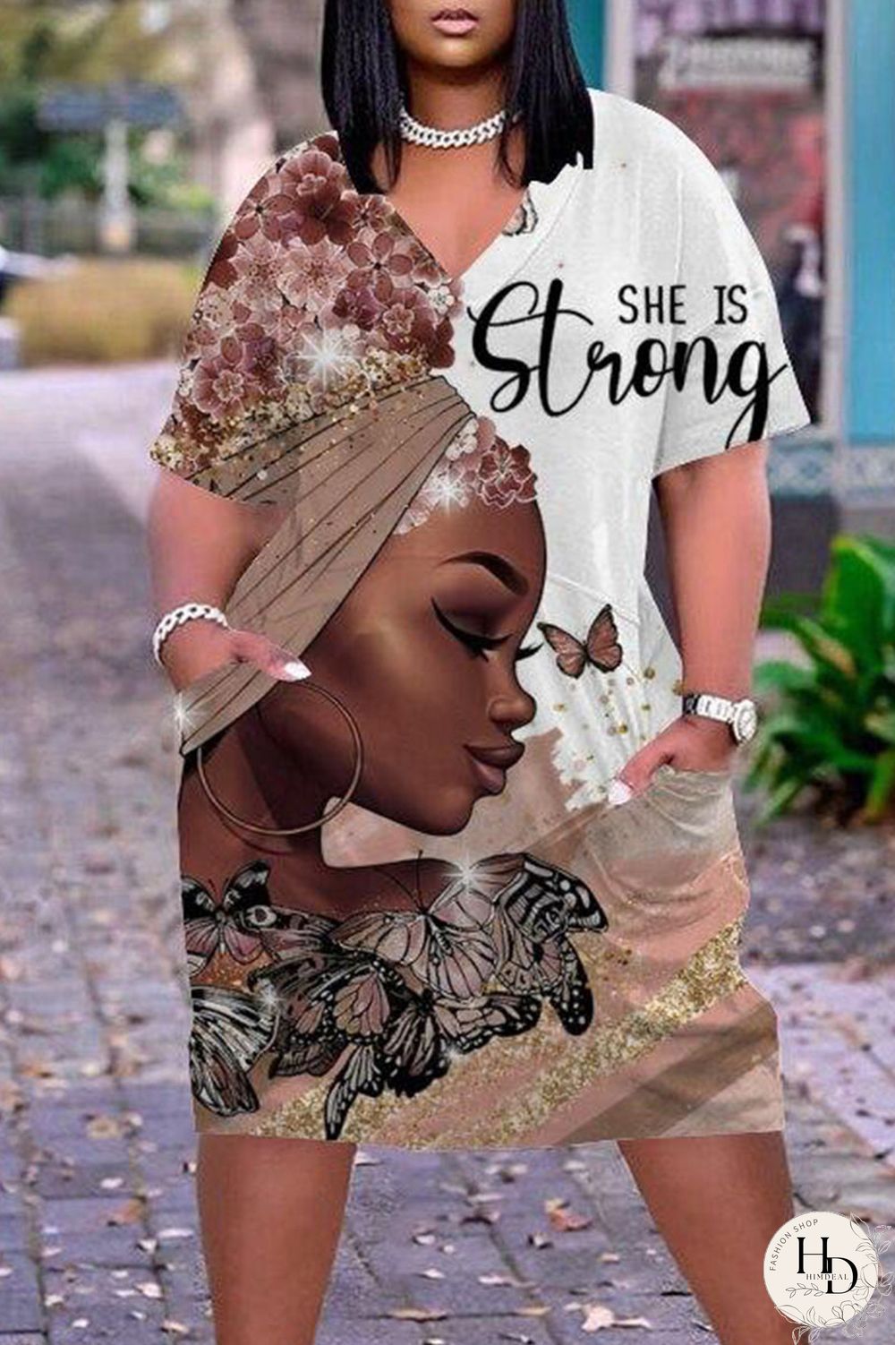 Multicolor Casual Street Print Patchwork V Neck Straight Dresses