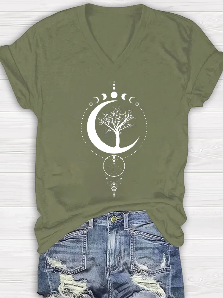 Moon And Tree Printed Women's V-neck T-shirt