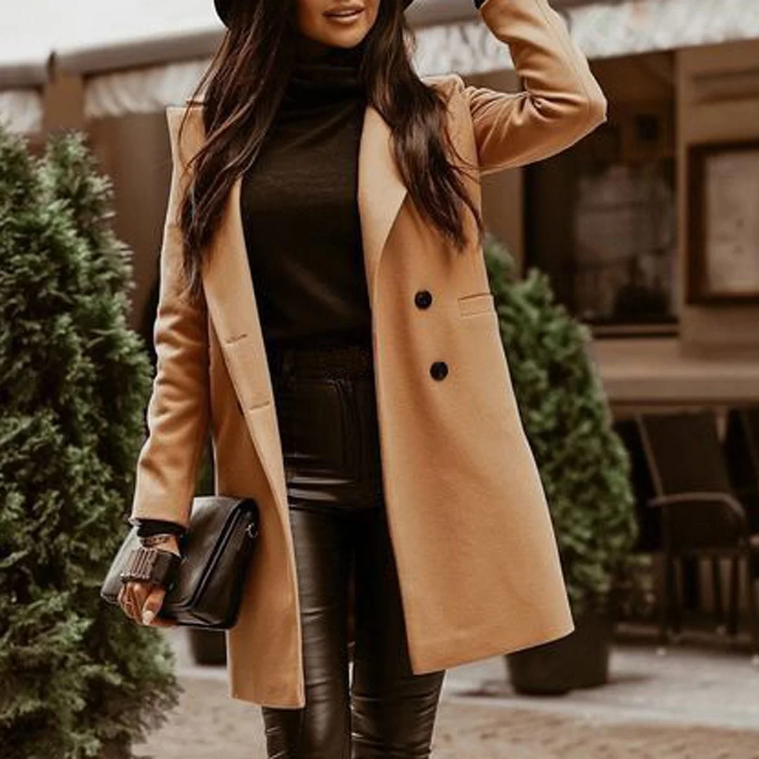Fashion Lapel Mid-length Jacket Coat Casual Solid Buttons Woolen Warm Coat Streetwear Female Winter Long Sleeve Womens Outerwear 1221