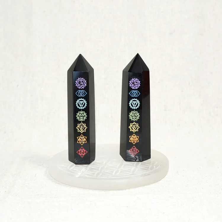 7 Chakra Black Obsidian Carved Point Tower