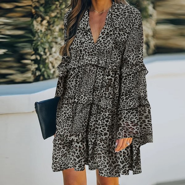 Fashion Womens V Neck Long Sleeve Sundress Casual Baggy Leopard Print Tunic Dress - BlackFridayBuys