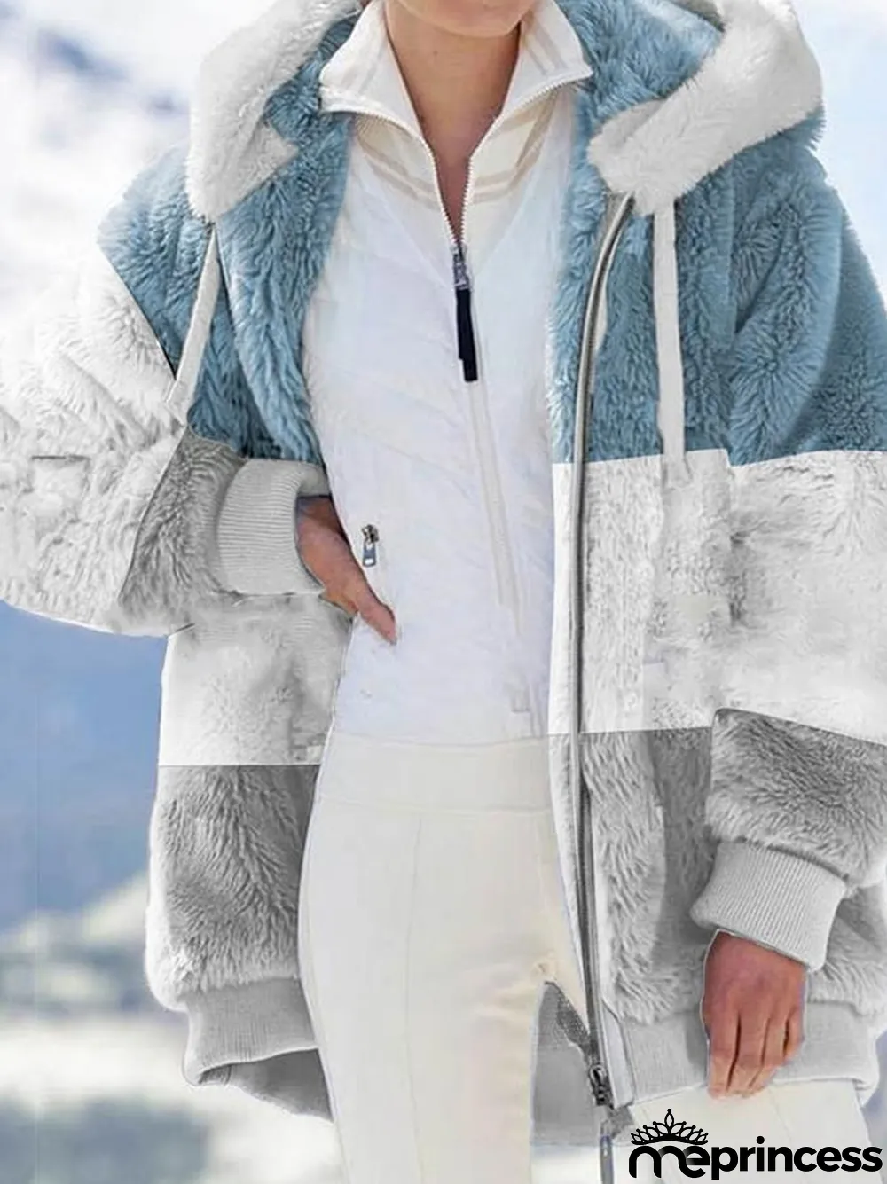 Fashion Color Blocking Plush Zipper Hooded Jacket