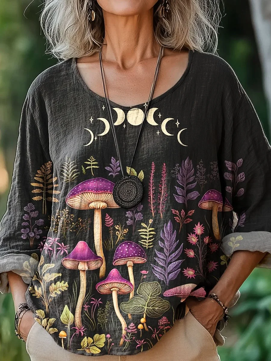 Women's Vintage Moon Mushroom Floral Art Print Casual Cotton And Linen Shirt