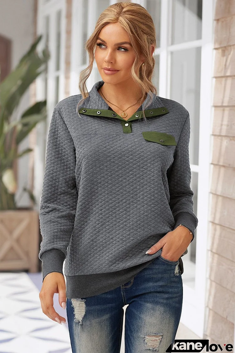 Women's Casual Dark Gray Quilted Snaps Stand Neck Sweatshirt