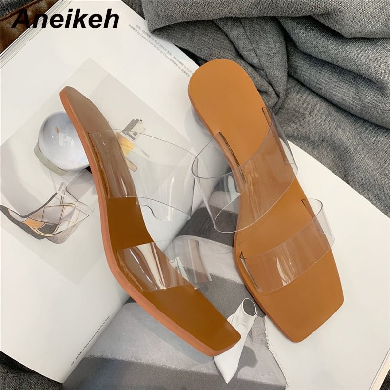 Aneikeh Size 42 43 Fashion PVC Sandals Open Toed Sexy Jelly Round Heels Crystal Women Shallow Transparent Slippers Pumps Party