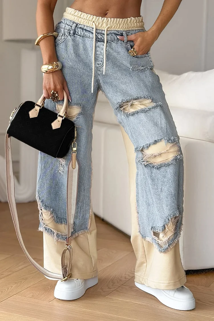 Women's Denim Trousers with Stitching and Ripped Design🌞👖 