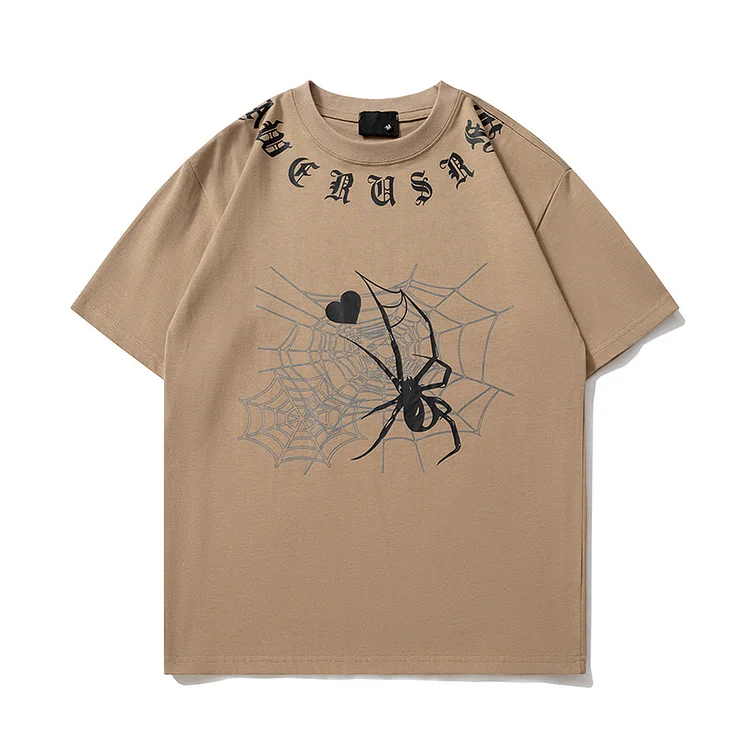 Spider Print Cotton Short-Sleeved Oversize High Street Loose Top at Hiphopee