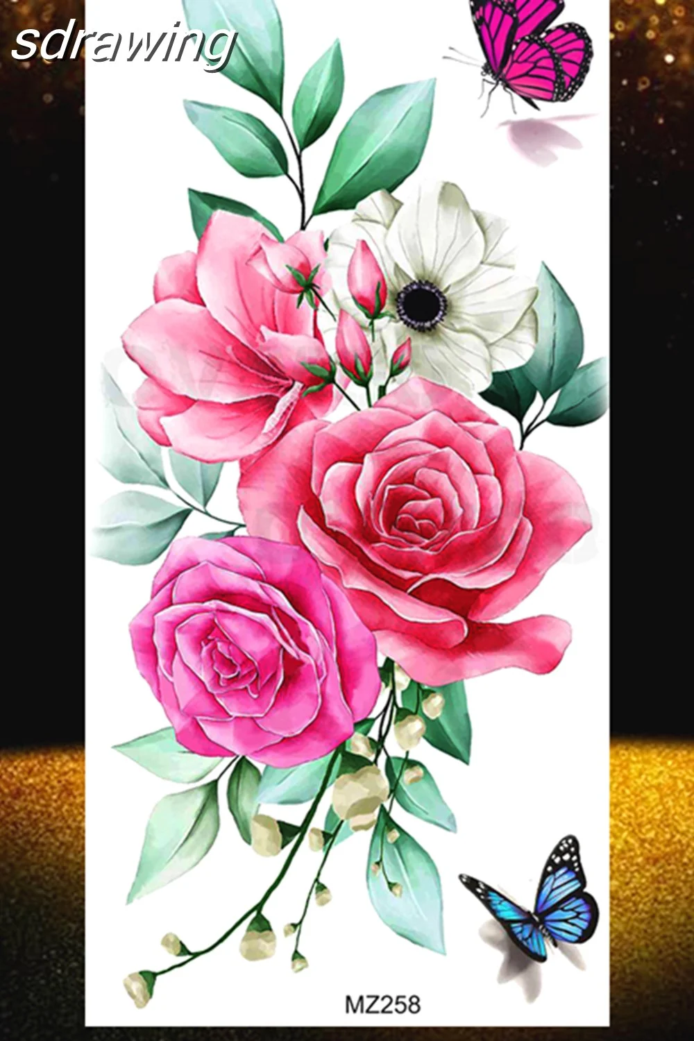  Black Rose Flower Temporary Tattoos Fake Waterproof Tatoo Body Art Arm Leg Floral Peony Bloosom Tattoo Stickers Makeup 928-0
