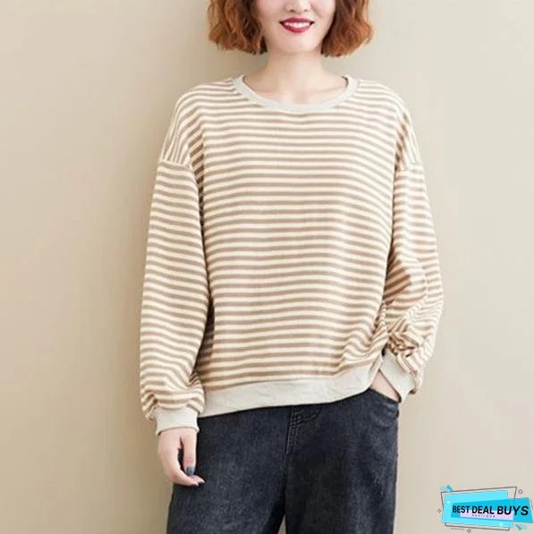 Women Autumn Long Sleeve Cotton Sweatshirt Striped Female Loose Casual Pullovers Hoodies