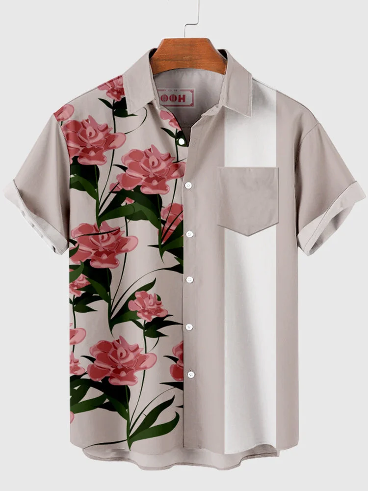 Vintage Lotus Color Flower Printing Men's Short Sleeve Shirt