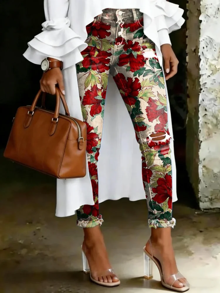 Women's Vintage Floral Totem Print Casual High-waisted Ripped Skinny Jeans