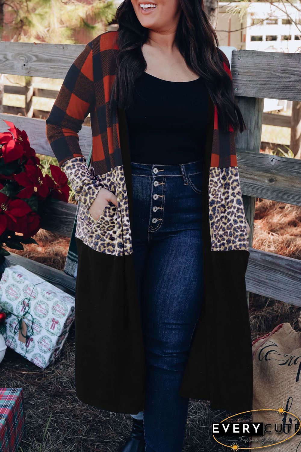 Red Buffalo Plaid Leopard Colorblock Plus Size Duster Cardigan