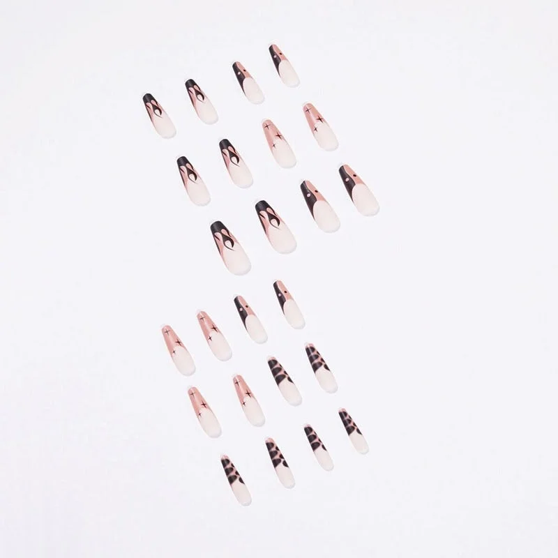 24pcs Press on Nails Full Finished Extra Long French Fake Nails Detachable Punk Fire Design Coffin Full Artificial Nail Art Tips-Nail Inspo