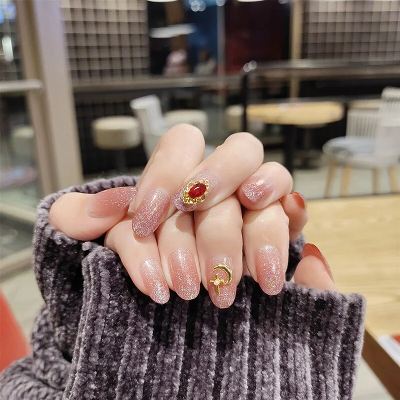 24pcs/set Light Grey Rhinestone Short Size Design Artificial Nail DIY Fashion false nails with glue fake nails press on for girl-Nail Inspo