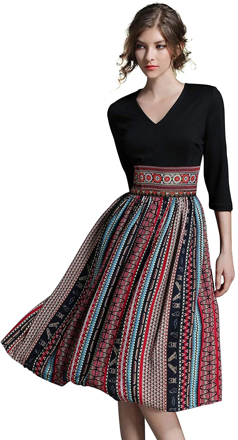 Women's Vintage 2 in 1 Midi Dress Casual Patchwork Design Party A-Line Dress