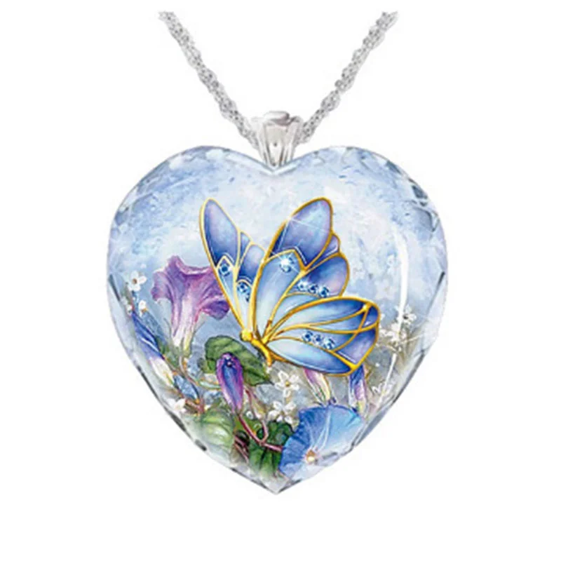 Creative Heart-Shaped Petunia Blue Butterfly Necklace Charm