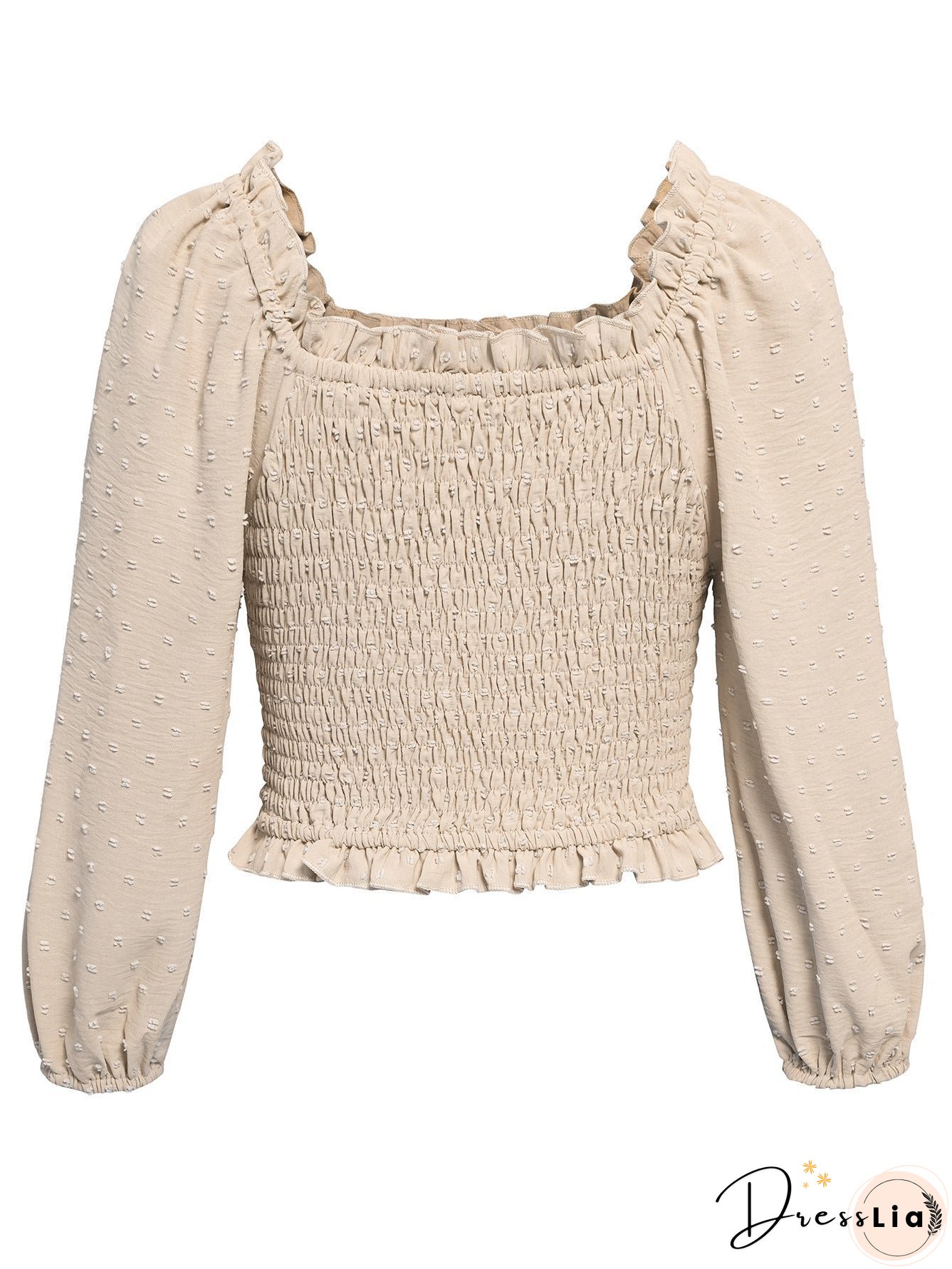 Swiss Dot Smocked Frill Trim Blouse