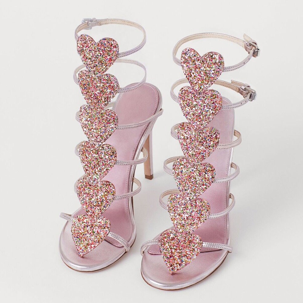 Silver Metallic Open Toe Buckle Heels Glitter Heart Gladiator Sandals