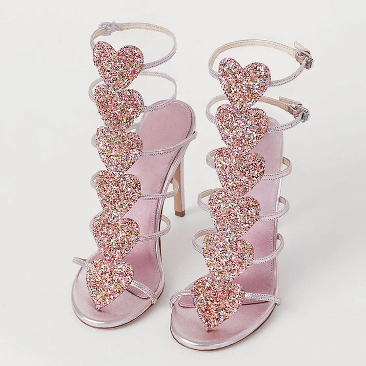 Silver Metallic Open Toe Buckle Heels Glitter Heart Gladiator Sandals |FSJ Shoes