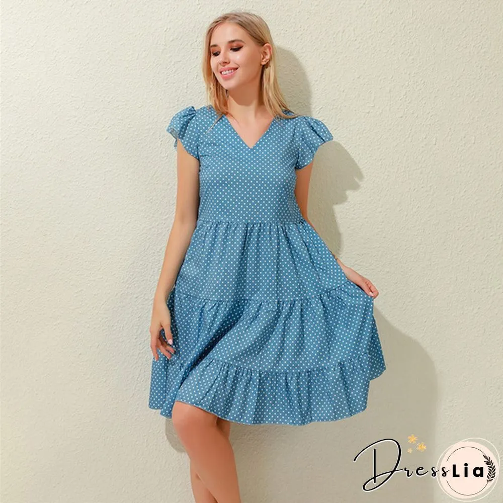 Summer Sundress Women Ruffles Sleeves V-Neck Dot Boho Vest Multi-Layer Connection Hem