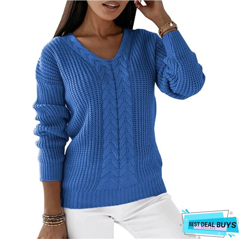Casual Plain Knitted V-Neck Long Sleeve Sweater