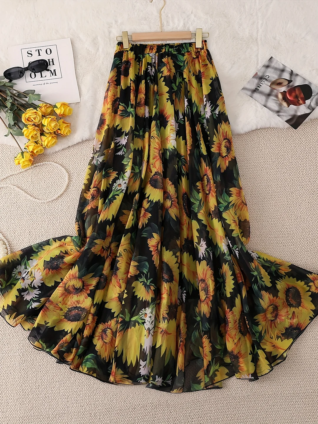 Elegant Sunflower Print Maxi Skirt - Loose Fit, Long Length, Floral Pattern, No Belt, All-Season Style, A-Line Hem, Perfect For Casual And Formal Occasions, Casual Wear | Floral Print Skirt | Elegant Skirt Design, Sunflower Skirt | IFYHOME