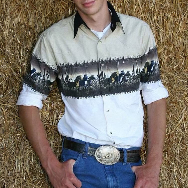 Casual Khaki Horse Western Print Shirt