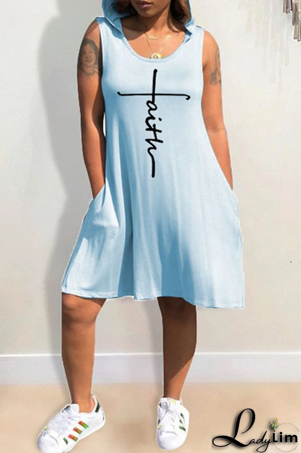 Light Blue Fashion Casual Print Basic Hooded Collar Sleeveless Dress Dresses