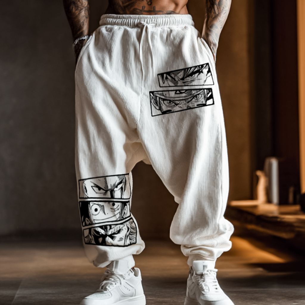 White Anime-Printed Jogger Pants with Elastic Waist