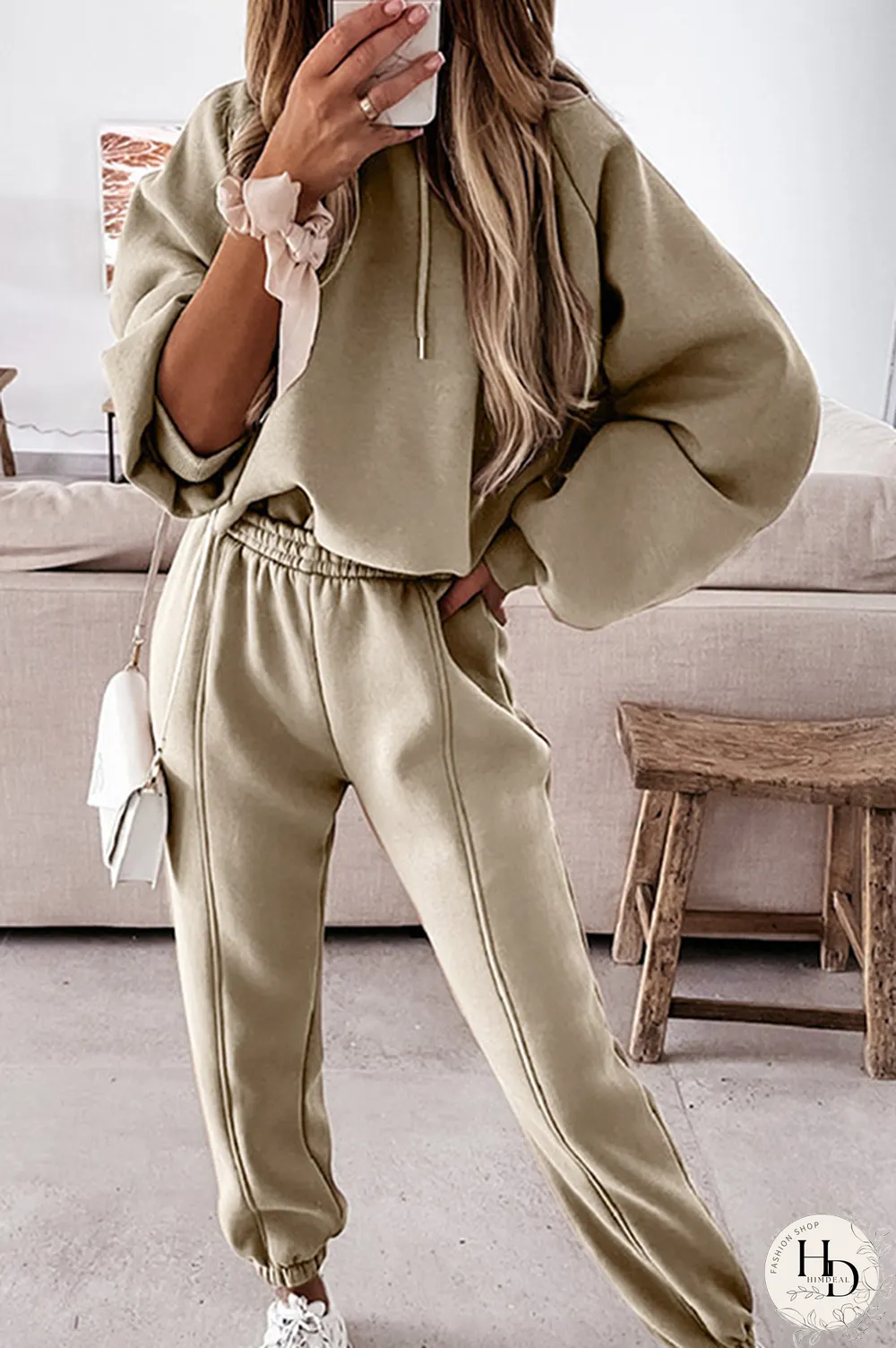 Street Solid Split Joint Draw String Hooded Collar Long Sleeve Two Pieces(5 colors)