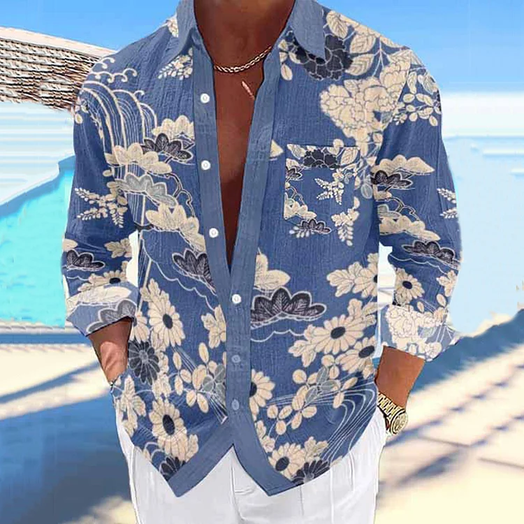 Vintage Hawaiian Wave Art Floral Print Long Sleeve Shirts