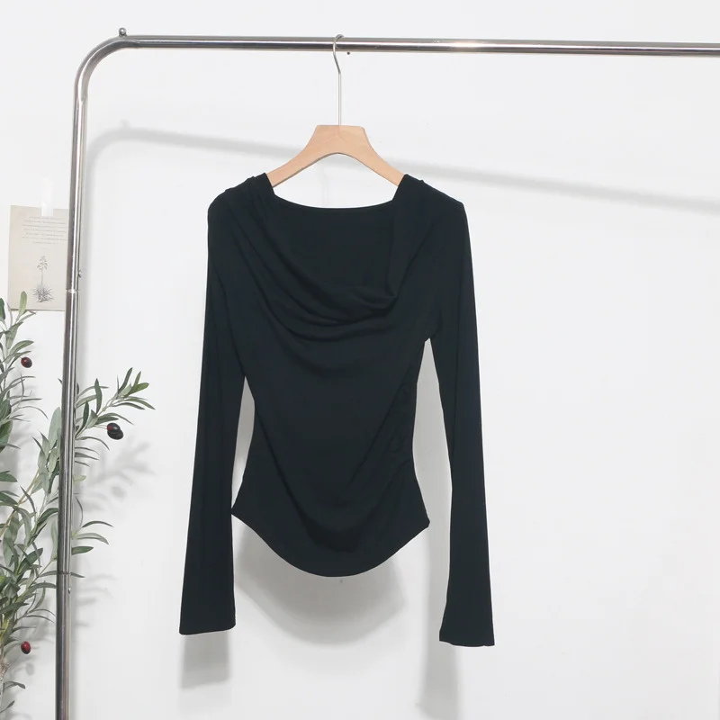 Brownm Real Shooting 褶皱 Irregular Swing Long Sleeve T-Shirt Women's Autumn/Winter New Dressed T-Shirt With A Top 1265