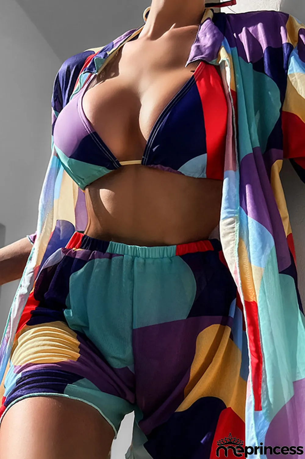 Colour Casual Vacation Print Patchwork Turndown Collar Short Sleeve Four Pieces