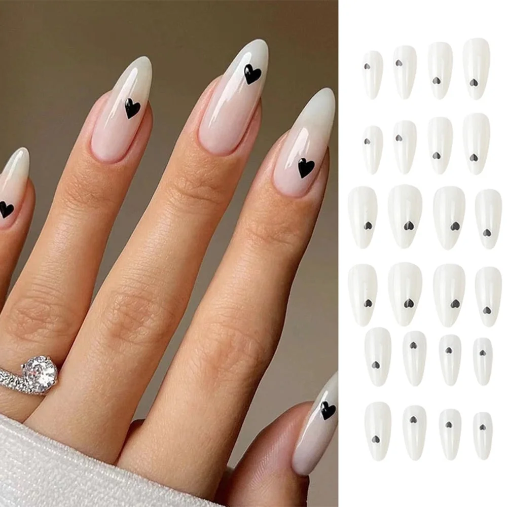 24pcs Point Head False Nails Tips Press On Nail with Heart Print Design Girl DIY Nail Patch Removable French Style Fake Nails-Nail Inspo