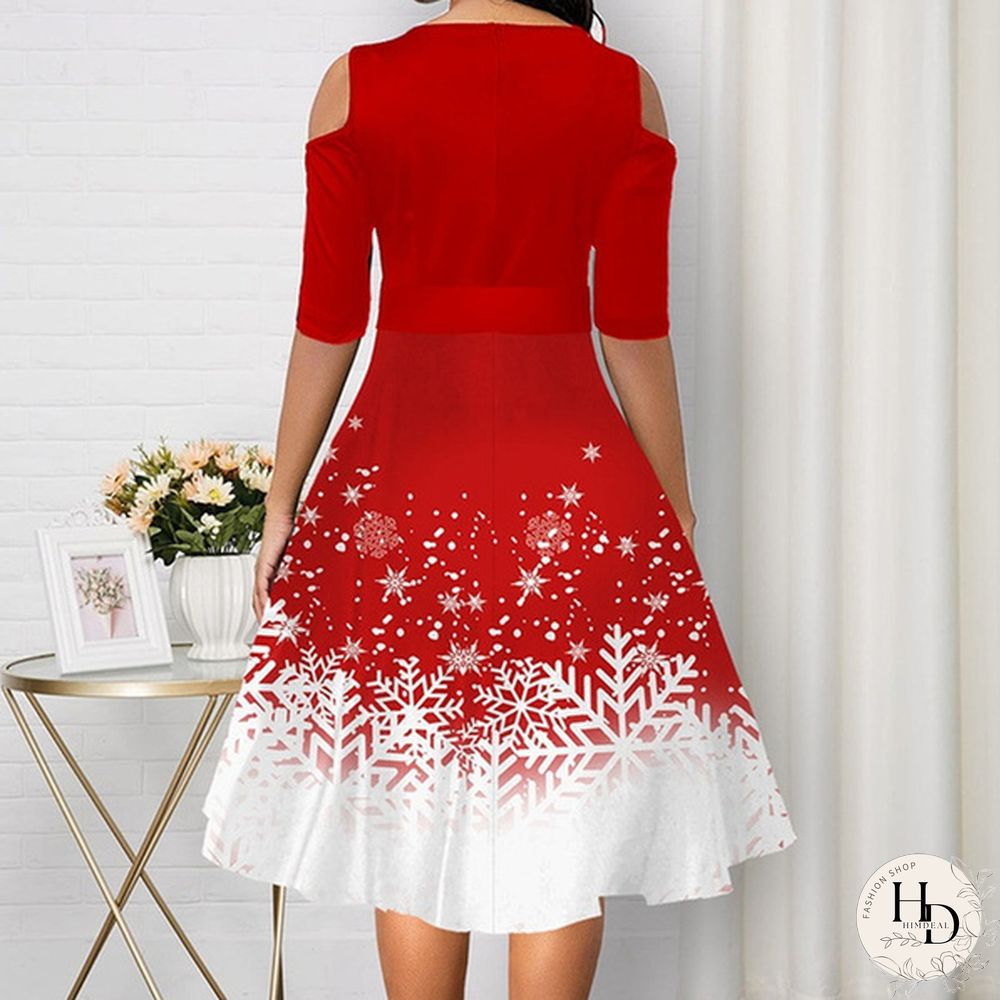 Womens Belted Snowflake Print Cold Shoulder Round-neck Elegant Dress Plus Size Fashion