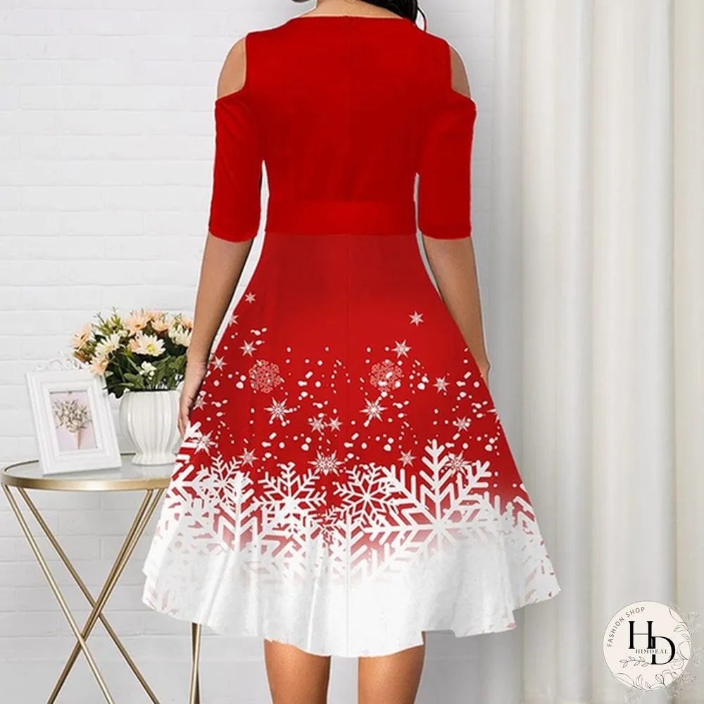Womens Belted Snowflake Print Cold Shoulder Round-neck Elegant Dress Plus Size Fashion